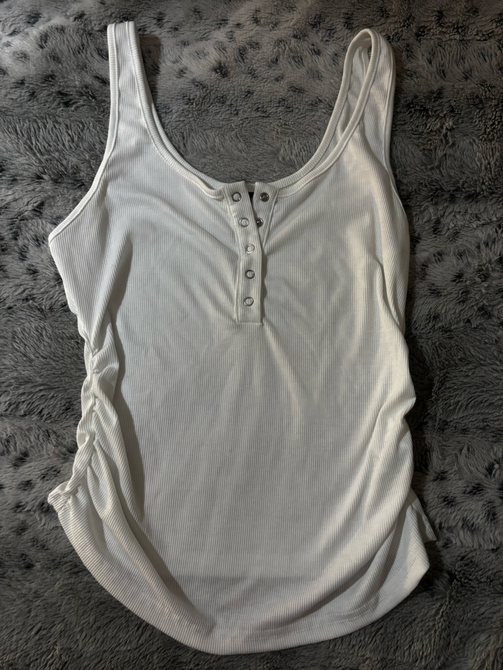 White Ribbed Henley Tank Top with snaps and cinched sides. Stretchy. New